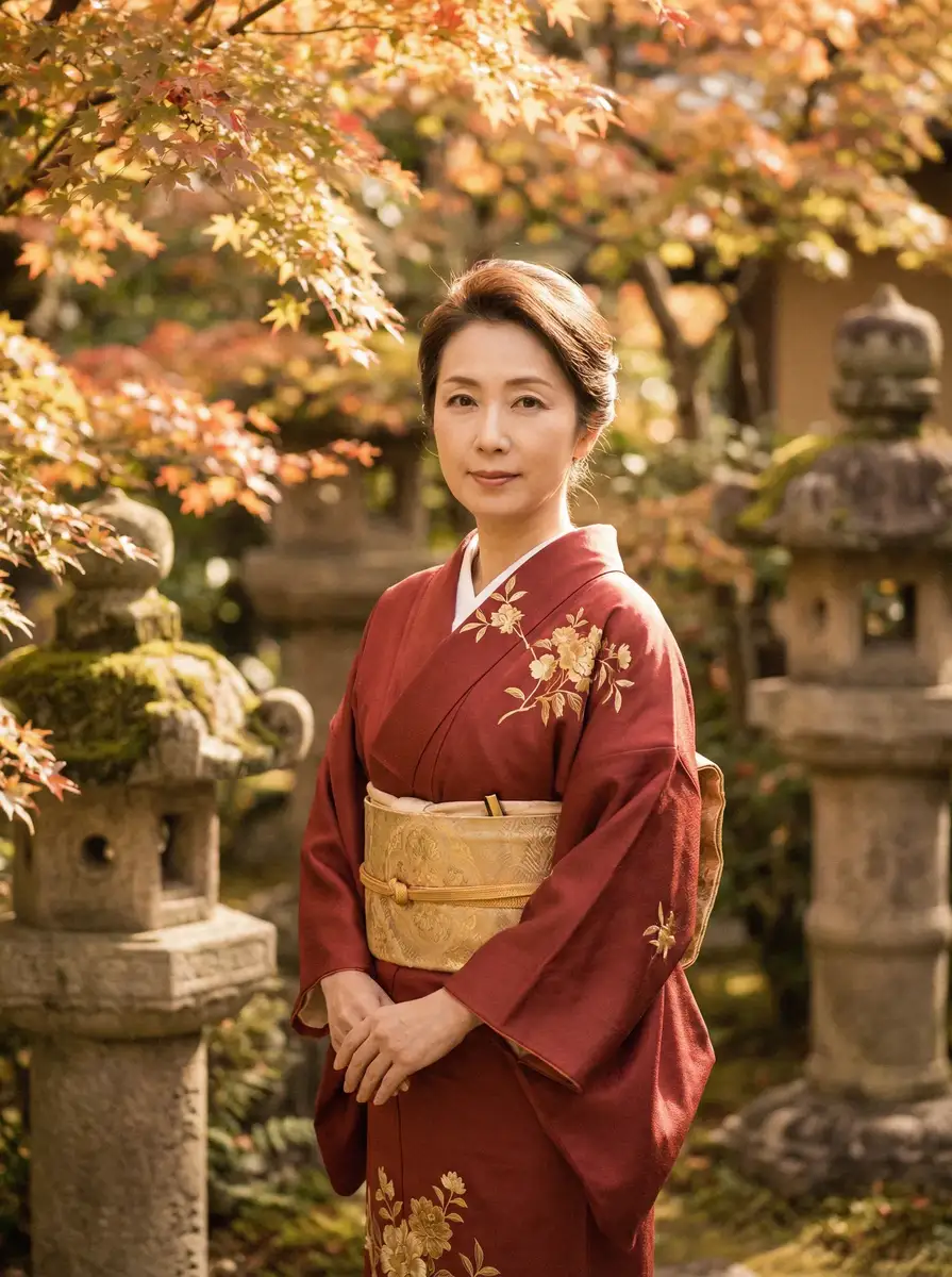 一位身穿暗红色和服的优雅 海山副本在哪 在日式庭院中